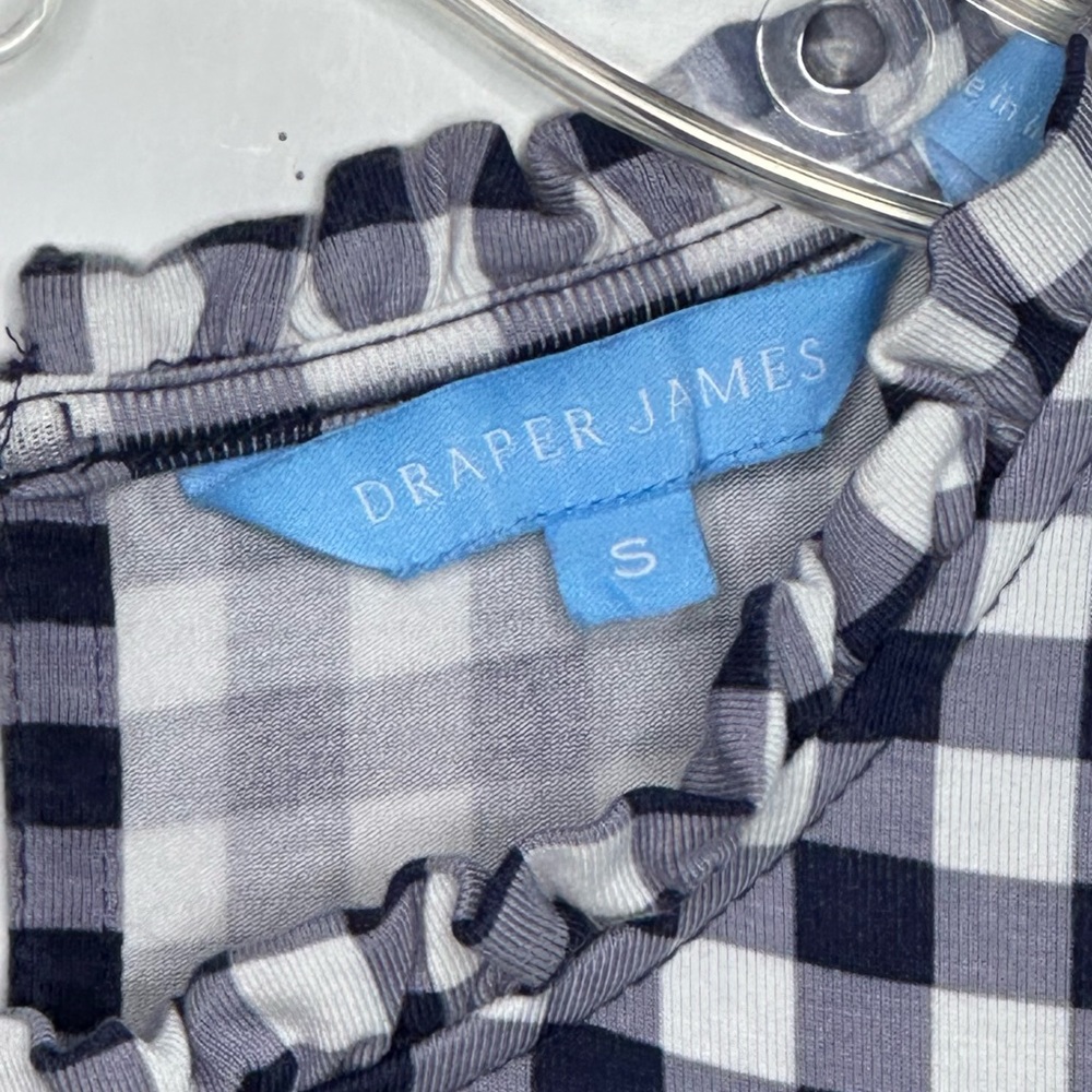 Draper James Kitty Navy Gingham Dress Ruffled Neck Long Sleeve Smocked Cuff Sz S - Picture 7 of 9